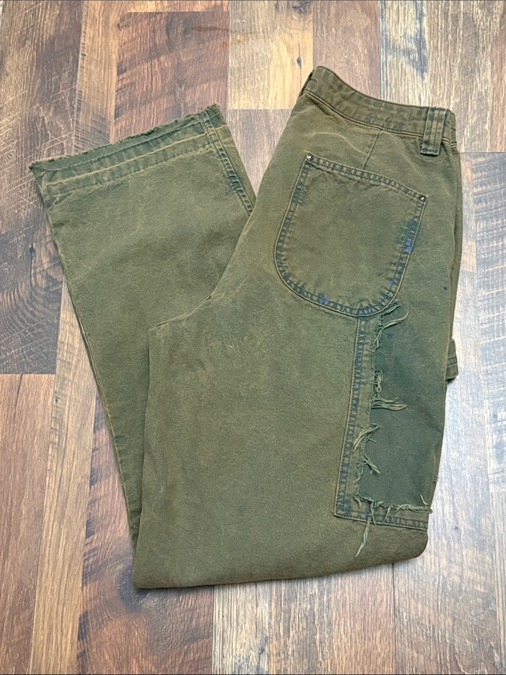 Zara Double Knee Olive Green Carpenter Pants - Washed Distressed - Size 32